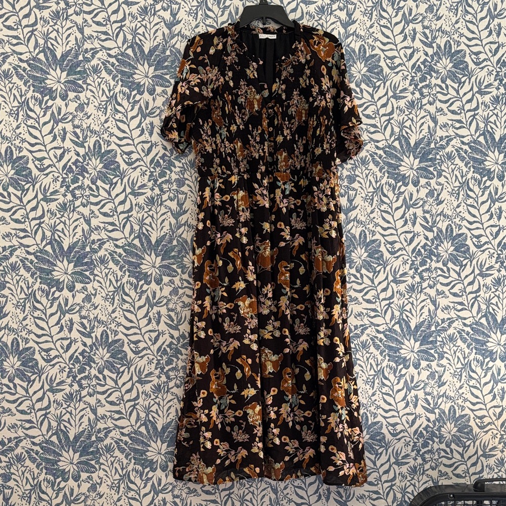 Baltic Born Black Floral Midi Dress with Brown and Pink Accents